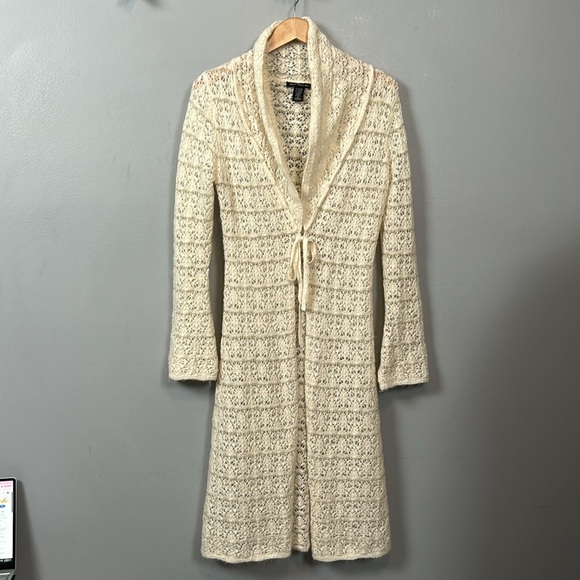 Y2K Heart Moon Star Mohair Blend Cowl Neck Sweater long Cream Crochet Open Sz M - Picture 4 of 14